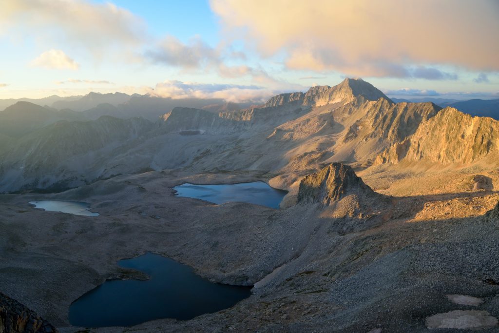 The stunning alpine lakes seen from the ridge of Capitol Peak