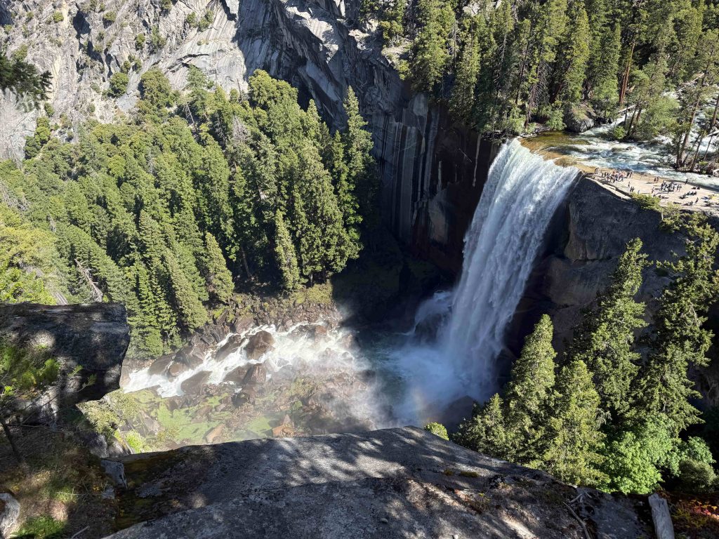 Wide view of Vernal Falls cascading into Yosemite Valley.