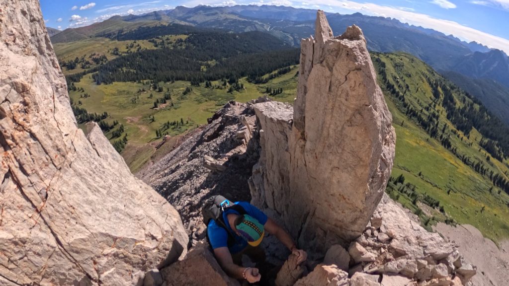 The crux of the scramble on the trail up Engineer Mountain in Colorado.