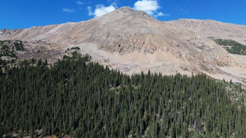 French Mountain viewed from Halfmoon Creek with the summit ridge rising above forested slopes in Colorado