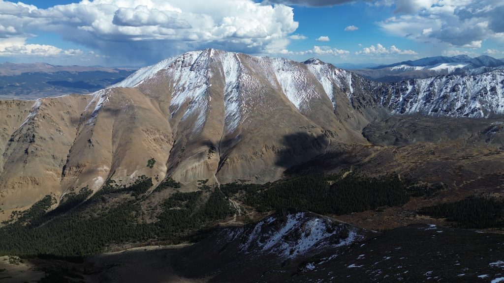 View of Mt. Elbert from French Mountain with early season snow covering the upper slopes