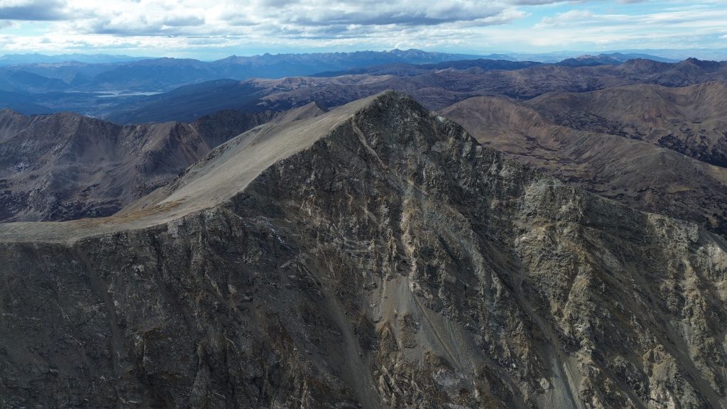 Aerial view of Torreys Peak from Grays Peak showing the connecting ridgeline and surrounding Colorado 14ers.