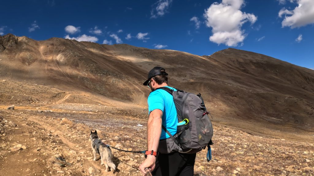 Hiker and dog leaving the 4x4 road and heading toward French Mountain across open alpine terrain near Halfmoon Creek